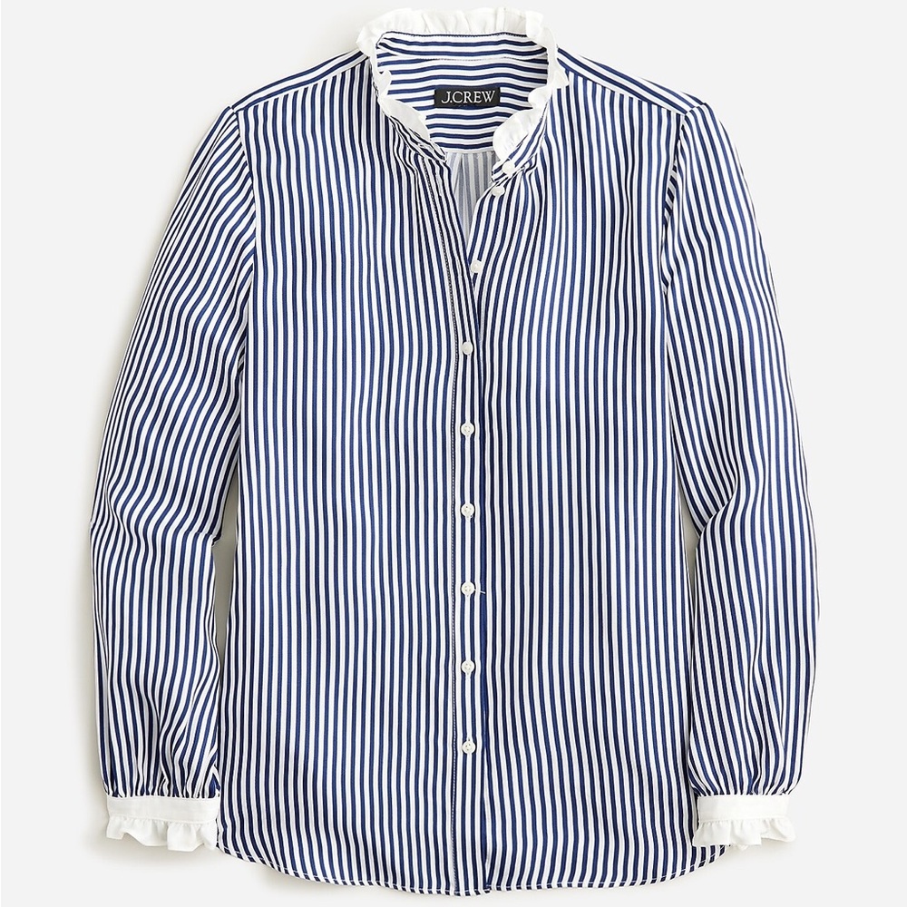 J. Crew Blue and White Vertical-Stripe Ruffle-Collar Button-Down Shirt